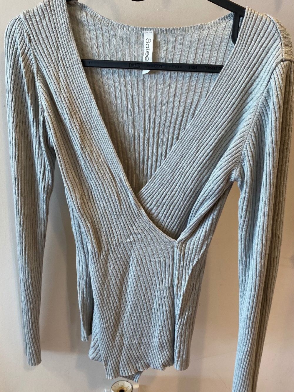 Grey Ribbed Deep V-Neck Long Sleeve Top - Small/medium Size